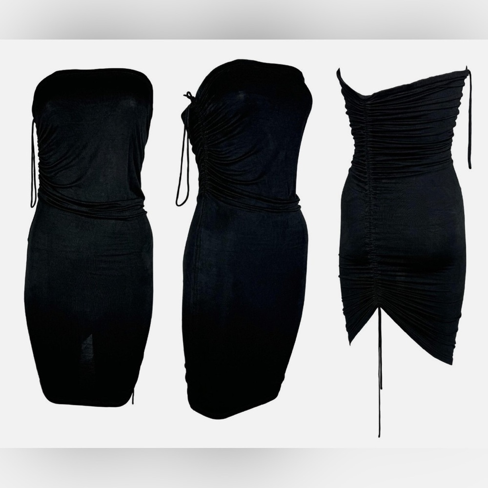 DOLCE & GABBANA Vintage 2003 Black Slinky Drawstring Ruched Tube Mini Dress 40IT